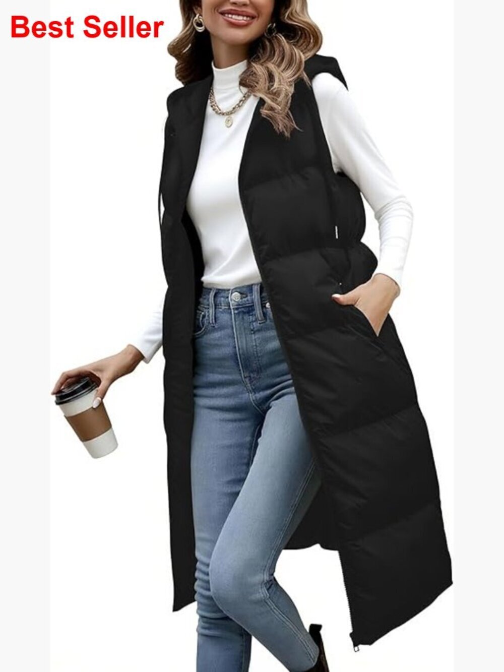 Long Puffer Vest Women Quilted Hooded Sleeveless Zip Up Coat